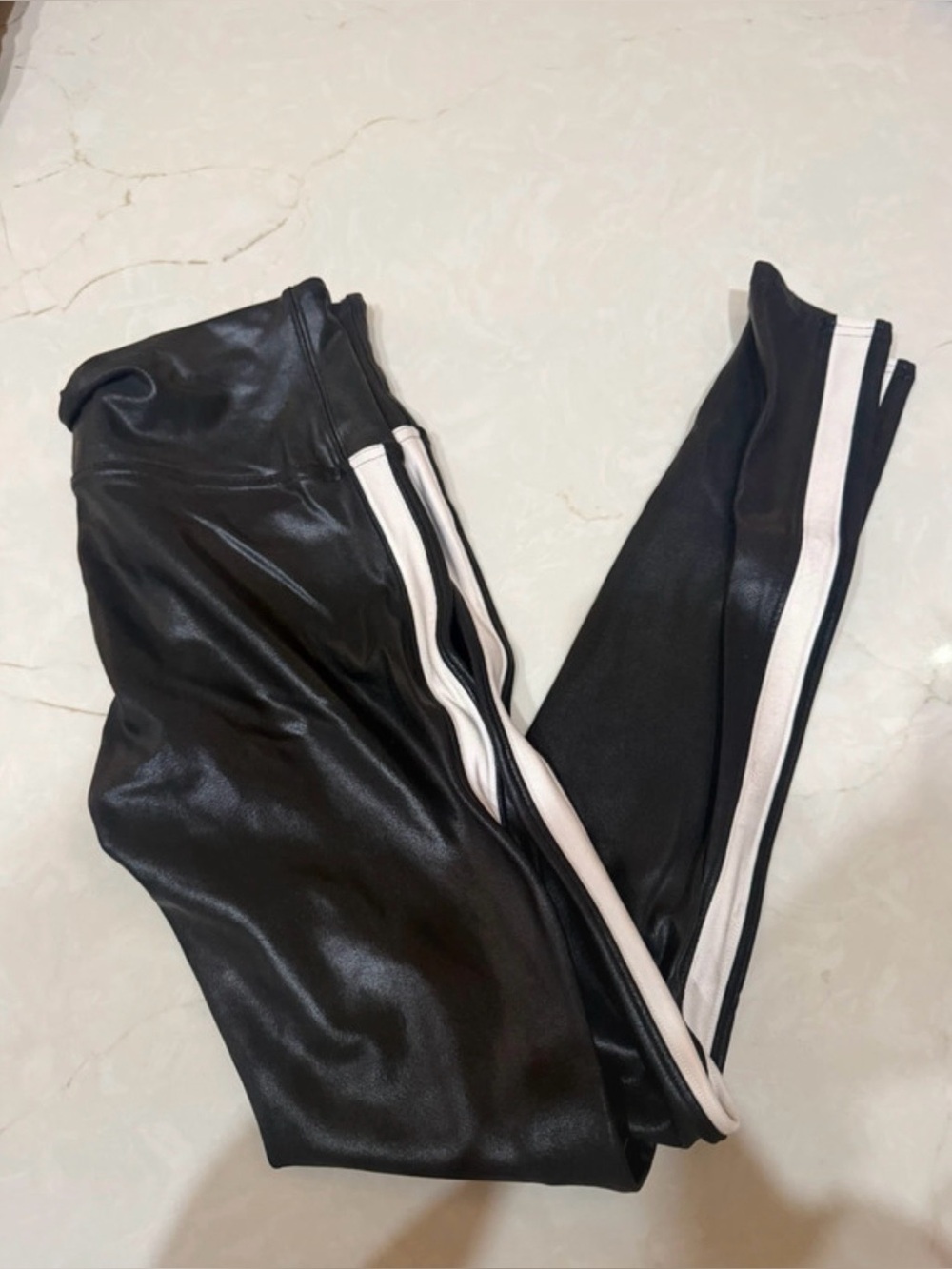 SPANX Black Faux Leather legging with White Side Stripe